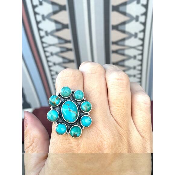 BIG Turquoise Cluster Statement Southwestern Sterling Silver Ring Adjusts 7 8 9 - Picture 1 of 7